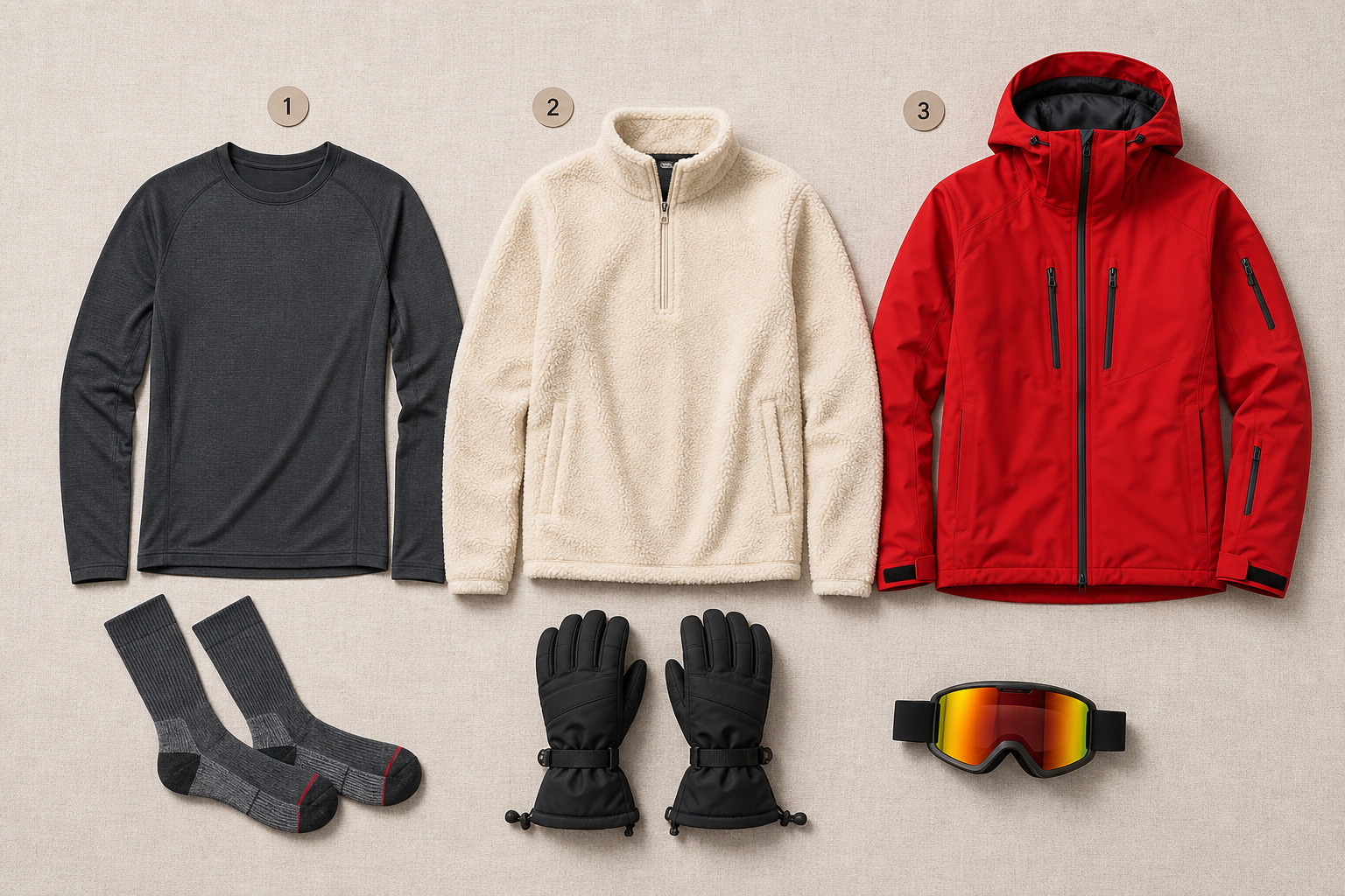 Flat-lay com as três camadas de roupa de neve numeradas: segunda pele, polar e casca impermeável.