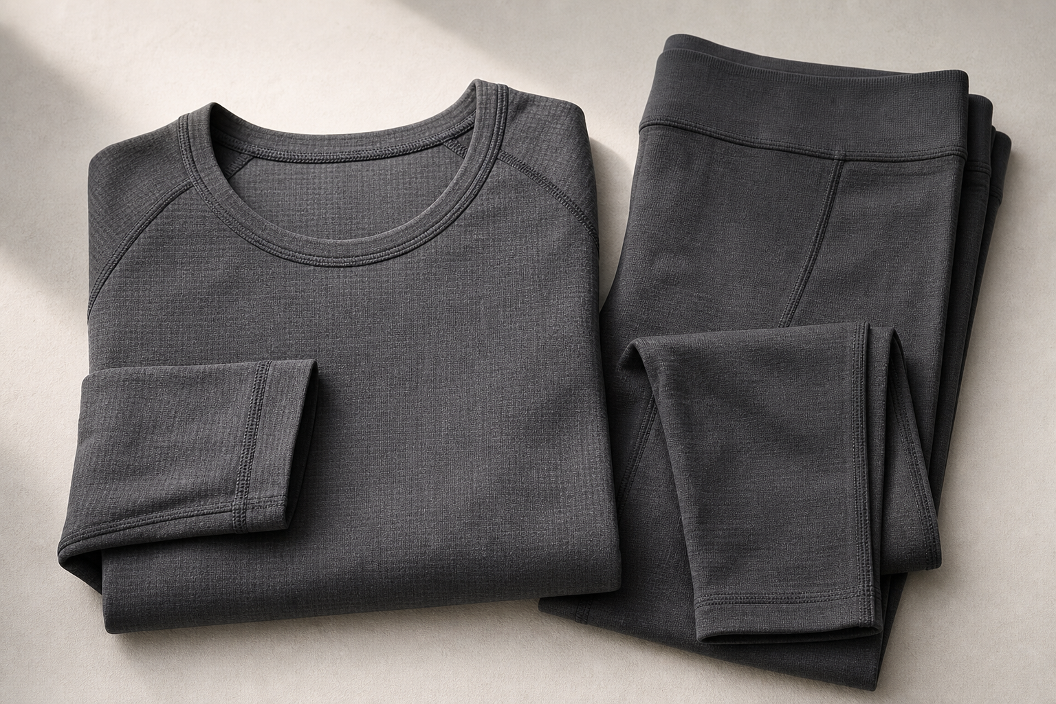 Camiseta térmica de base, fina e simples, dobrada sobre uma superfície clara.